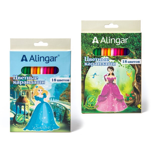Карандаши цветные Alingar, деревян. &quot;Принцессы&quot;  18цв., шестигранные, заточен.,картон.упак., европод