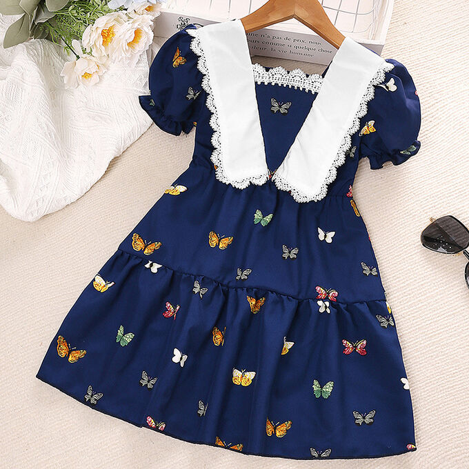 Детское платье с коротким рукавом, с белым воротничком, принт &quot;бабочки&quot;, цвет синий
