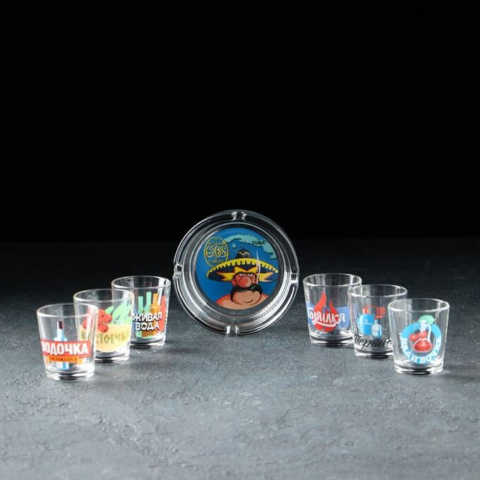 ДЕКОСТЕК Набор подарочный «Крепкие напитки», стеклянный, 7 предметов: стопка 70 мл, пепельница
