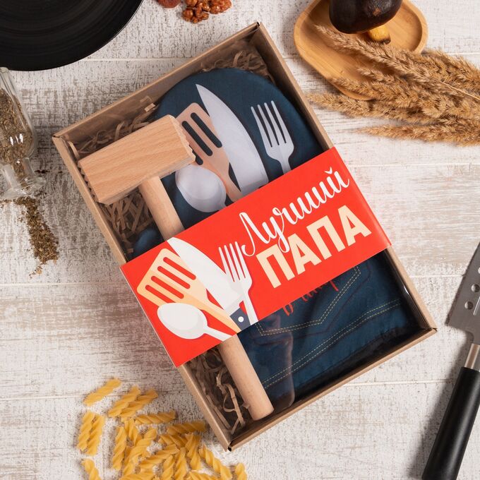 Доляна Кухонный набор «Лучший папа», варежка-прихватка 20х28 см, молоток деревянный