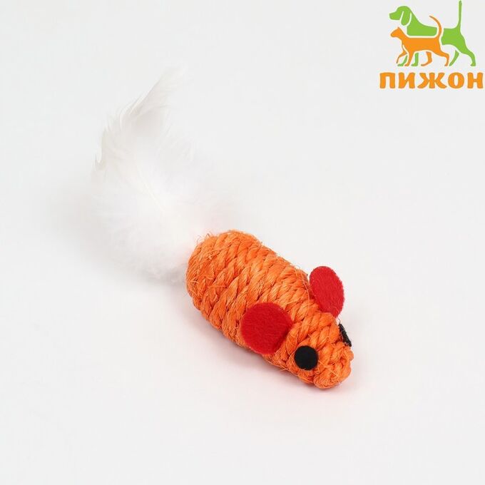 Пижон Игрушка для кошек &quot;Мышь сизалевая малая&quot; с меховым хвостом, 5,5 см, оранжевая