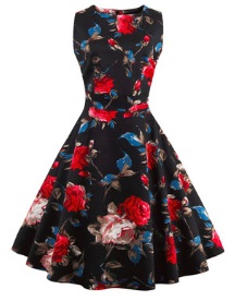 Платье в ретро стиле без рукавов с цветоным принтом Цвет: ЧЕРНЫЙ (КРАСНЫЕ ЦВЕТЫ)