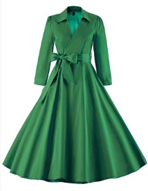 Платье в ретро стиле с длинными рукавами и отложным воротничком Цвет: ЗЕЛЕНАЯ ТРАВА
