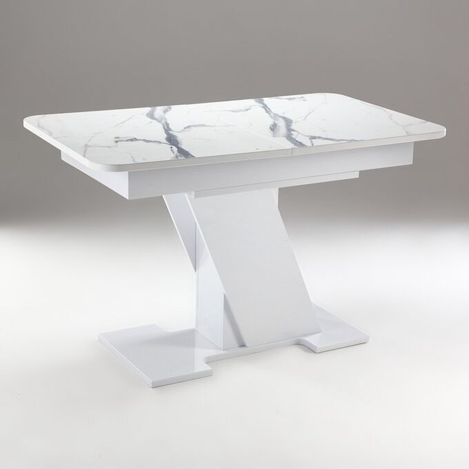 Клик Мебель Стол кухонный на одной ножке раздвижной Олимп, 124(154)х75х76, Белый гл/Белый мрамор пластик