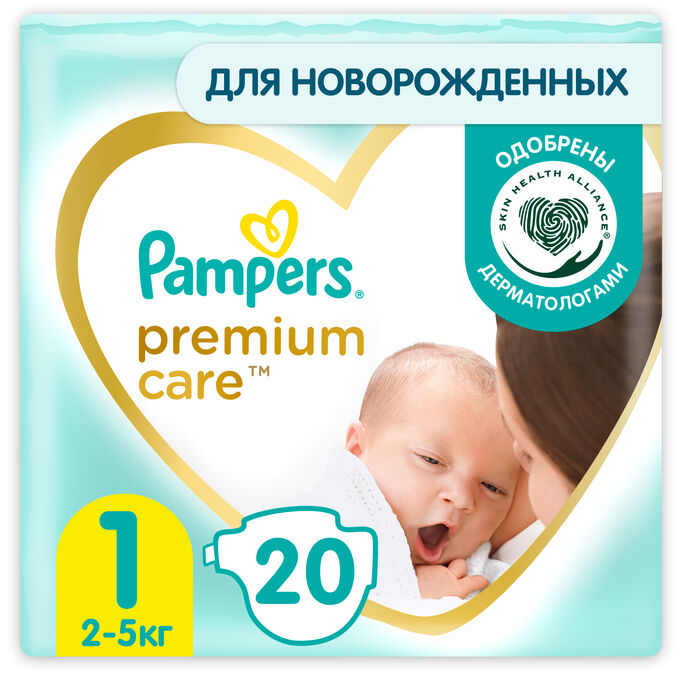 Pampers Подгузники  Premium Care для новорожденных 2-5 кг, 1 размер, 20 шт,  Памперс