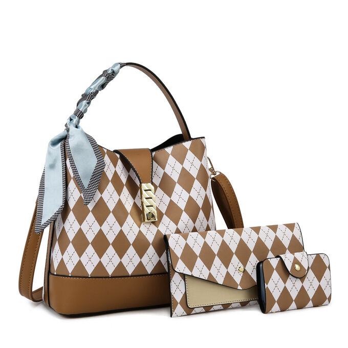Женский комплект сумок &quot;3 в 1&quot; из эко кожи с принтом &quot;ромб&quot; и лентой, цвет принта белый, коричневый