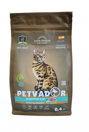 PETVADOR (SUPER-PREM) Полнорационный корм для кошек с чувствительным пищеварением, рыба с индейкой, 400 г 1/8