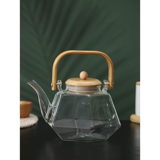 СИМА-ЛЕНД Чайник стеклянный заварочный с бамбуковой крышкой и металлическим фильтром BellaTenero «Октогон», 1,2 л