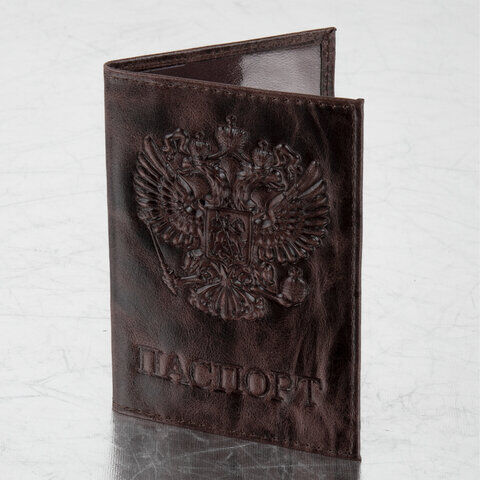 Обложка для паспорта натуральная кожа пулап, 3D герб + тиснение &quot;ПАСПОРТ&quot;, темно-коричневая, BRAUBERG, 238194