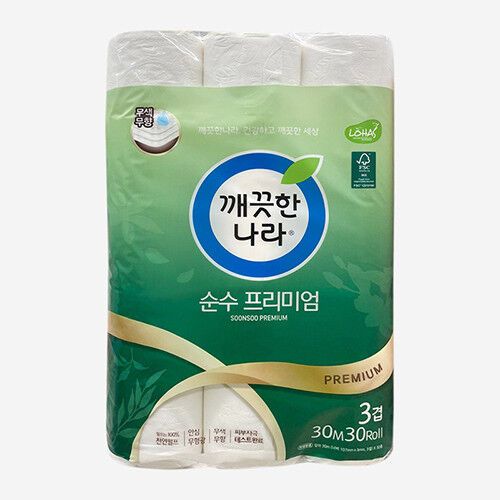 Премиальная особомягкая туалетная бумага «Soonsoo Premium» с повышенной впитываемостью (трехслойная, с тиснёным рисунком) 30 м х 30 рулонов