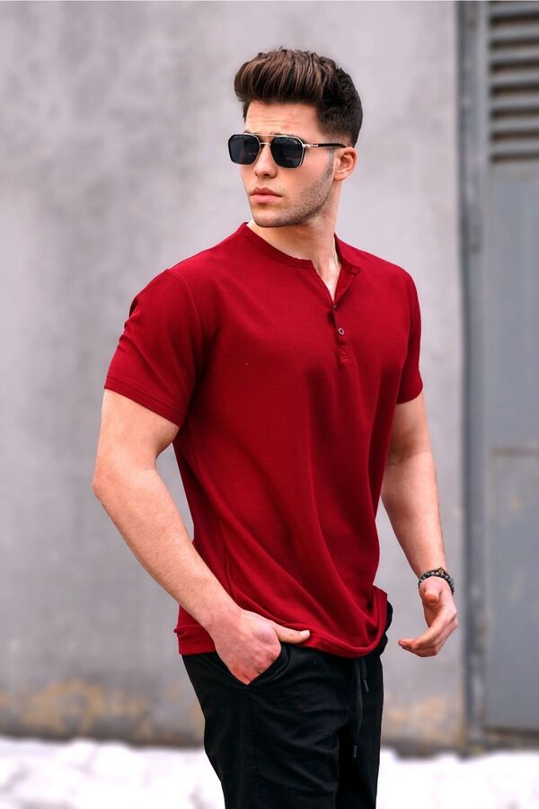 Madmext Бордовая красная базовая мужская футболка с коротким рукавом на пуговицах 5375