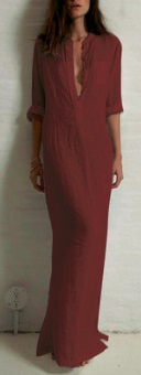 Длинное платье рубашечного кроя с глубоким V вырезом и длинными рукавами Цвет: БОРДО