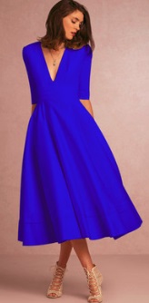 Платье-миди с глубоким V вырезом и рукавами средней длины Цвет: СИНИЙ