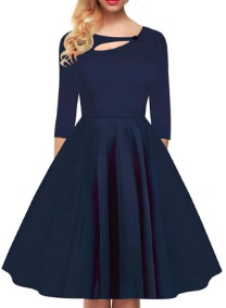 Платье в ретро стиле с рукавами средней длины и декоративной застежкой на груди Цвет: СИНИЙ