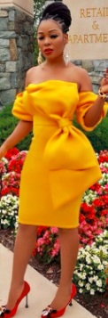 Платье с открытыми плечами и короткими рукавами декорировано бантом на талии Цвет: ЖЕЛТЫЙ