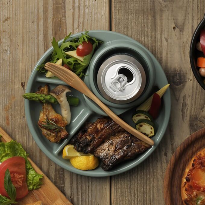 Inomata Тарелка для барбекю и пикника 3-х секционная с подставкой под напитки и столовых приборов МЯТА круглая. Япония