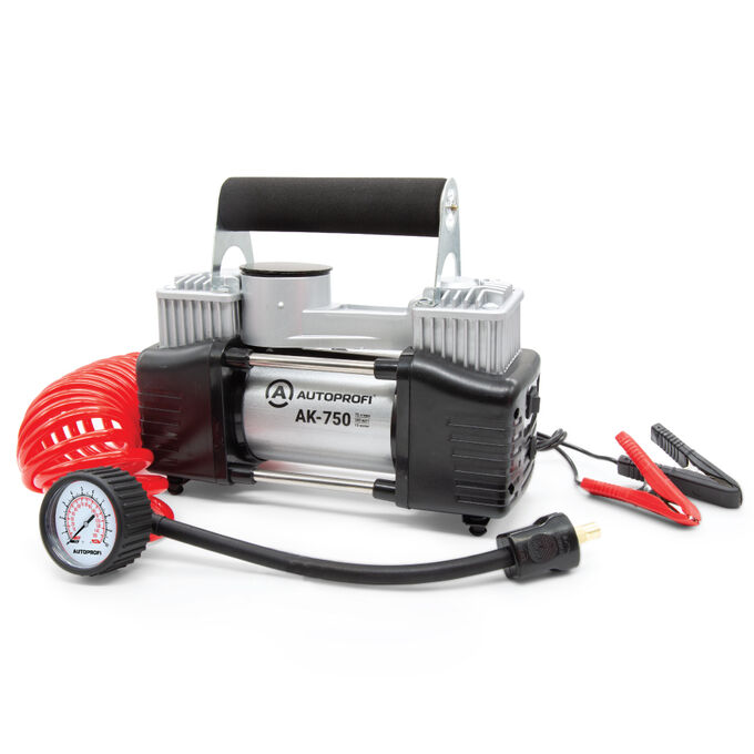 Компрессор воздушный AUTOPROFI, 75 л./мин., 12V/30A, 300W, шланг 5 м., шнур питания 3 м., питание от АКБ, клапан для регулир. давления, набор из 4-х переходников для надувн. изделий, переходники для н