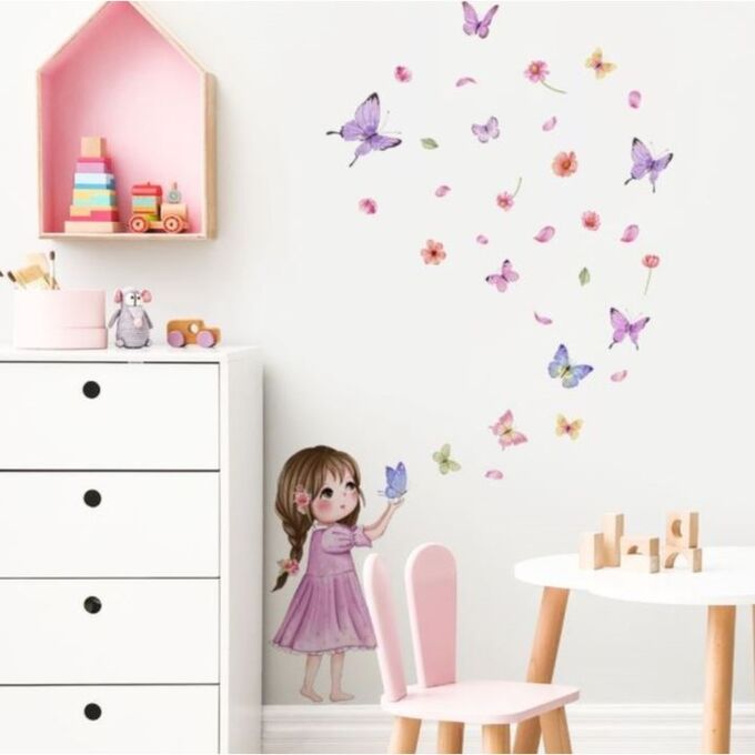 Дарим красиво Наклейка пластик интерьерная цветная &quot;Малышка с бабочками&quot; 30х40 см