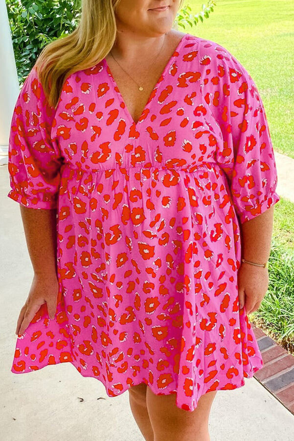 VitoRicci Розовое леопардовое платье плюс сайз с V-образным вырезом и коротким рукавом