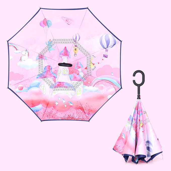 Зонт наоборот детский розовый, принт сказочный город