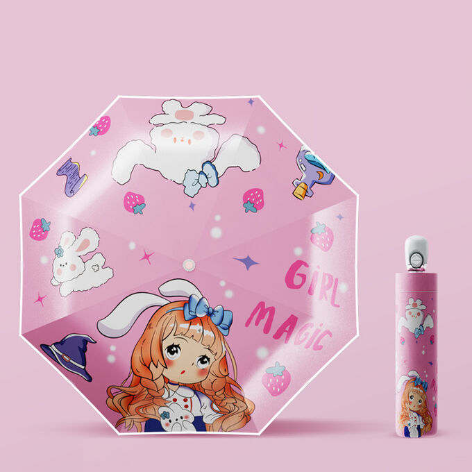 Зонт детский автоматический розовый с девочкой и кроликами
