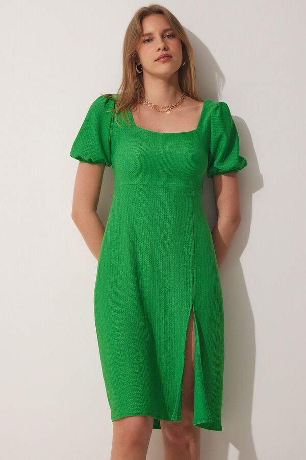 happinessistanbul Женское летнее трикотажное платье зеленого цвета с квадратным воротником DZ00085
