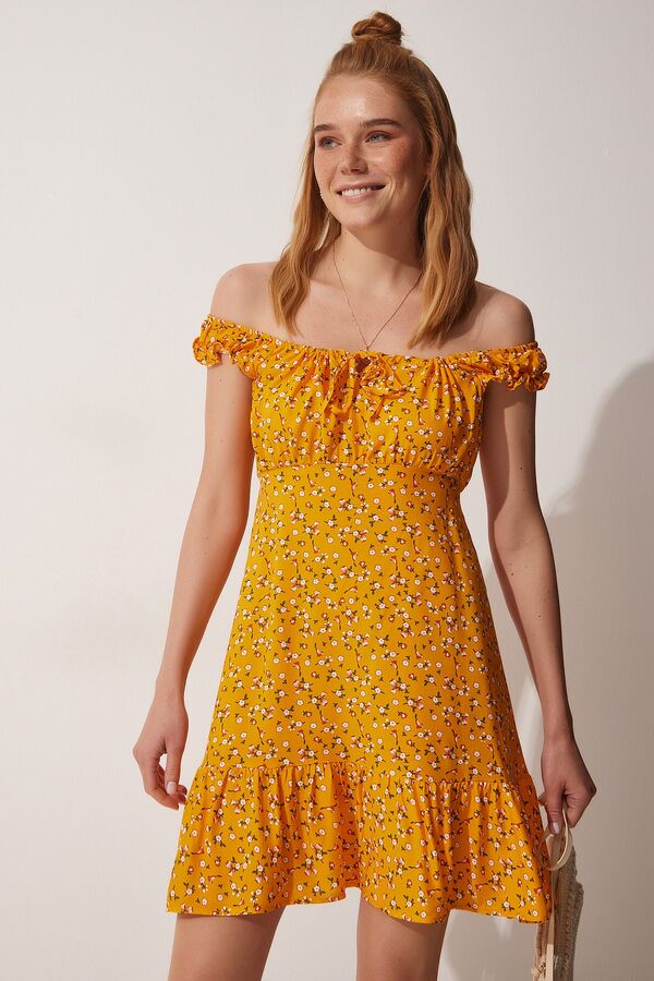 happinessistanbul Женское оранжевое летнее платье из вискозы со сборками с цветочным принтом DD01218