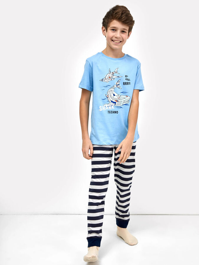 Mark Formelle Хлопковый комплект для мальчиков (голубая футболка и брюки в серо-синюю полоску)