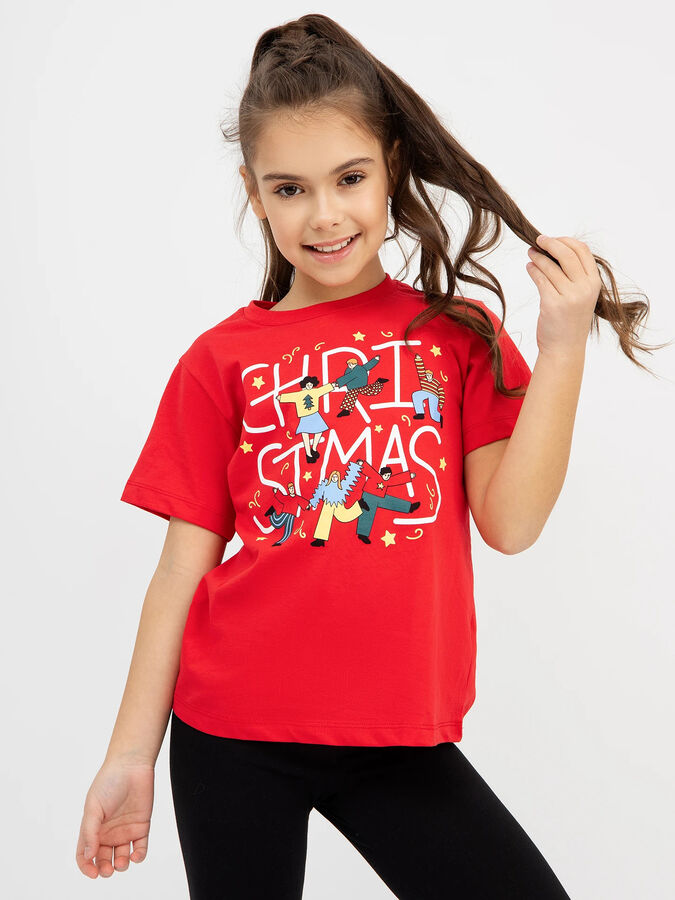 Mark Formelle Хлопковая футболка красного цвета с новогодним принтом для девочек