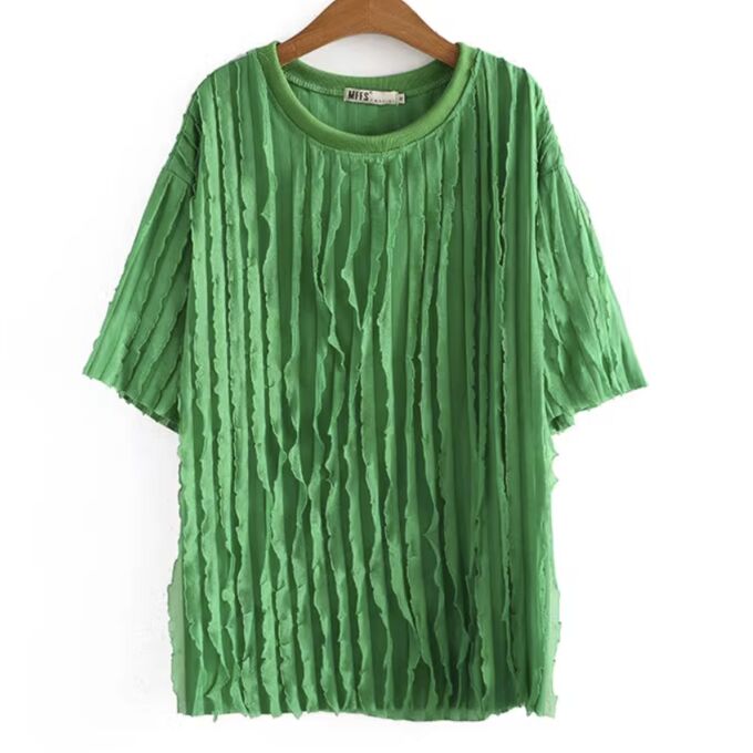 MSHI CLUB Свободная плиссированная женская футболка с короткими рукавами и кружевом, зеленая