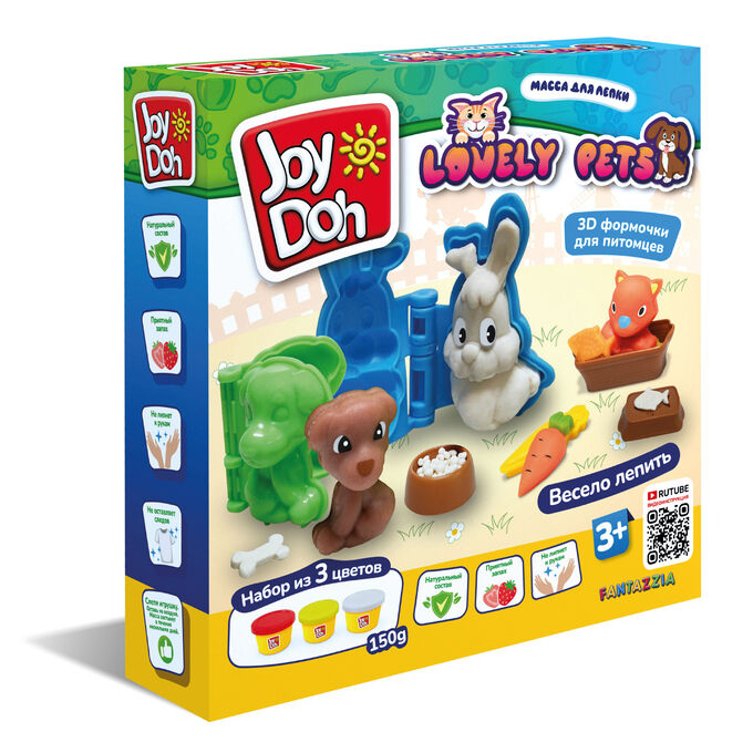 Joy-Doh Масса для лепки Joy Doh, набор LOVELY PETS - ЛЮБИМЫЕ ПИТОМЦЫ, 3d формы, 9 аксесуаров, 3 баночки с тестом,  (3 х 50 г.)
