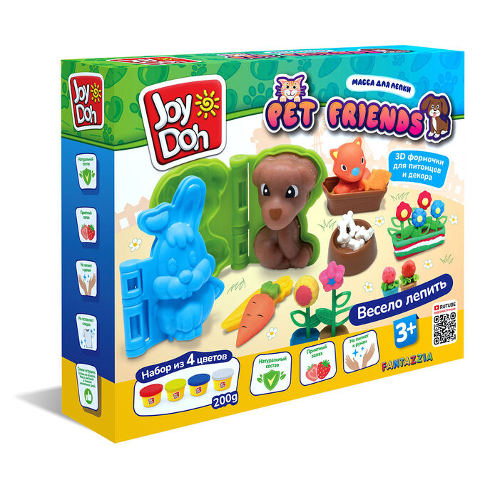 Joy-Doh Масса для лепки Joy Doh, набор PET FRIENDS - ДОМАШНИЕ ЖИВОТНЫЕ, 3d формы, 26 аксесуаров, 4 баночки с тестом,  (4 х 50г.)