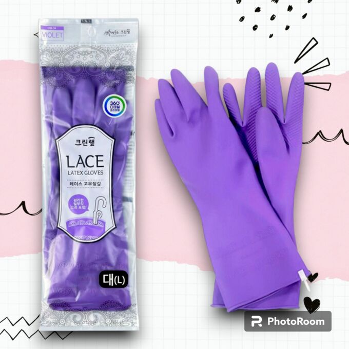 Clean Wrap Перчатки из натур латекса &quot;LACE LATEX&quot; с внутр покр (укороч, с крючками для сушки), фиолет,L, 1 пара