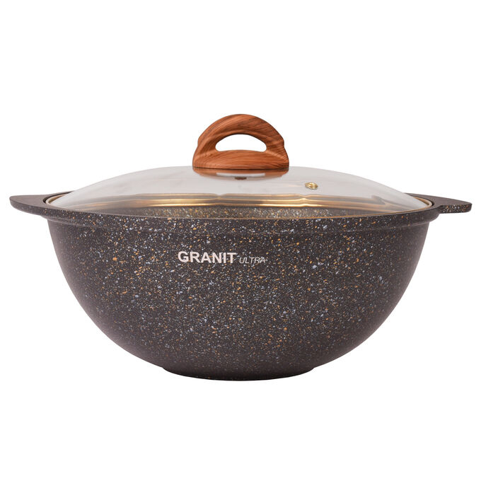 Казан антипригарный литой 4,5л для плова стеклянная крышка Granit ultra black-gold ТМ KUKMARA