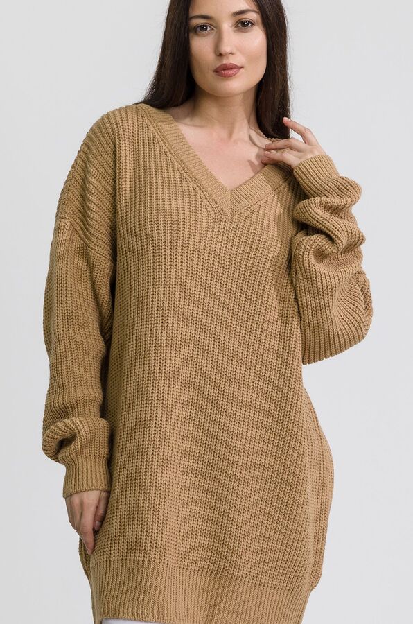 Happy Fox Женский удлиненный вязаный свитер оверсайз с V вырезом