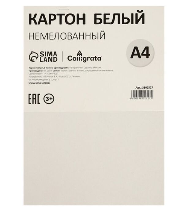 Картон белый А4, 6 листов, 200 г/м2 Calligrata, немелованный на скобе, ЭКОНОМ
