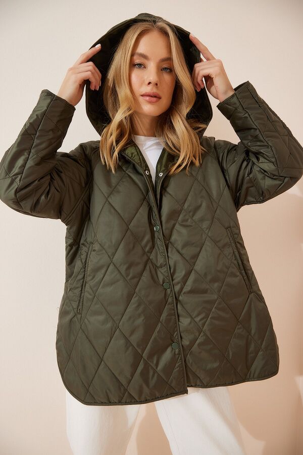 happinessistanbul Женское зеленое стеганое пальто большого размера с капюшоном FN02905