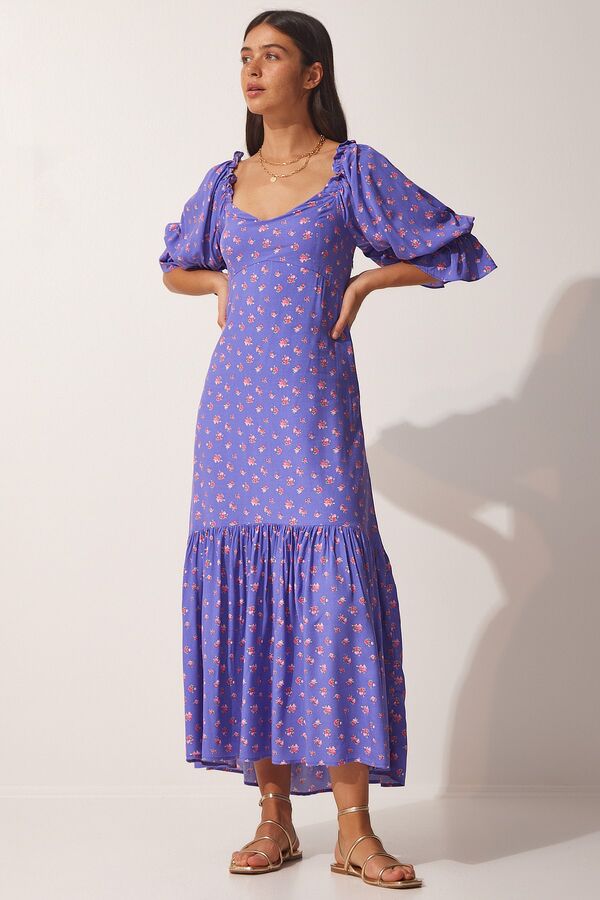 happinessistanbul Женское вискозное платье с фиолетовым узором и вырезом сердечком FN03074