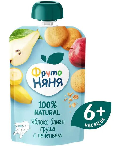 ФРУТОНЯНЯ Пюре 90г яблоко-банан-груша с печеньем сахарным