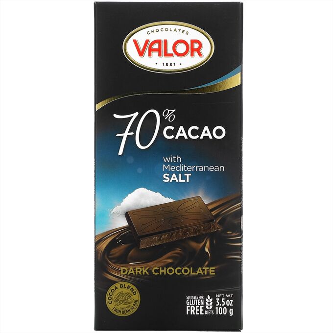 Шоколад Valor черный без сахара 70% 100г
