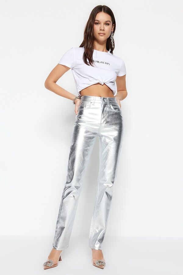 Trendyomilla Серебристые блестящие прямые джинсы с высокой талией и металлическим принтом