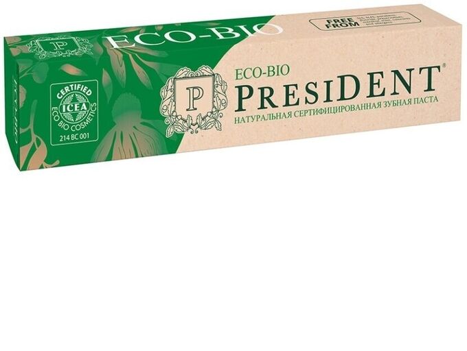 Президент Натуральная зубная паста без фтора PRESIDENT Eco-bio, 75 г.