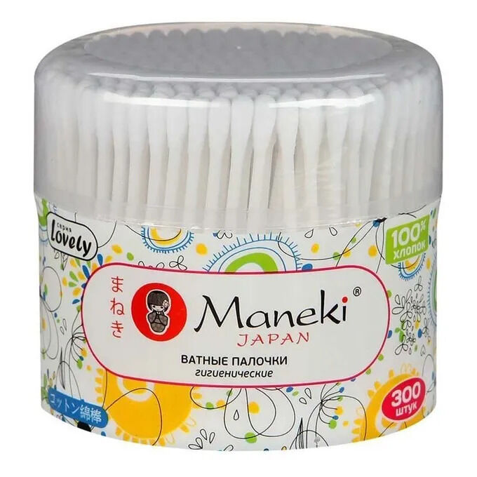 Палочки ватные гигиенические &quot;Maneki&quot;, серия Lovely, с белым пластиковым стиком, в пластиковом стакане, 300 шт./упак