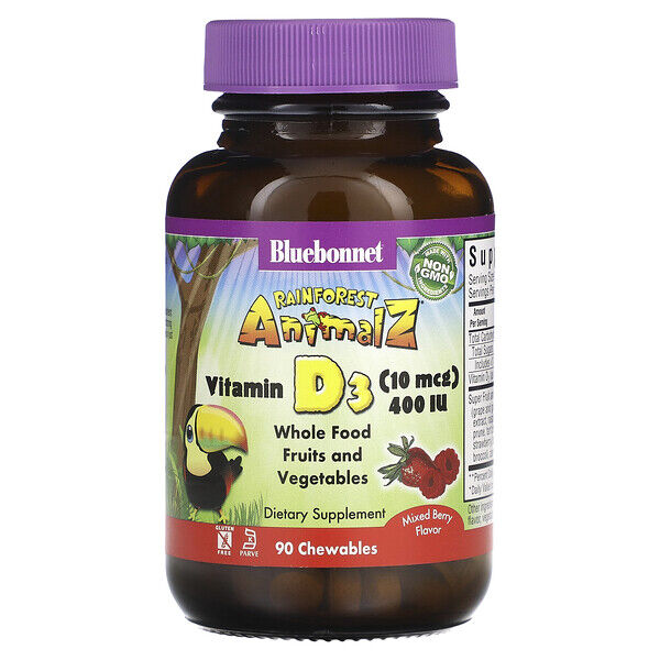 Bluebonnet Nutrition, Super Earth, Rainforest Animalz, Vitamin D3, Natural Mixed Berry, 400 IU, 90 Chewable Tab.