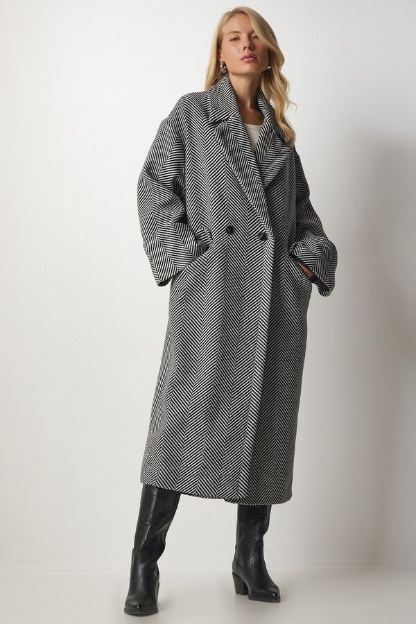 happinessistanbul Женское серое шерстяное длинное пальто премиум-класса оверсайз FN02980