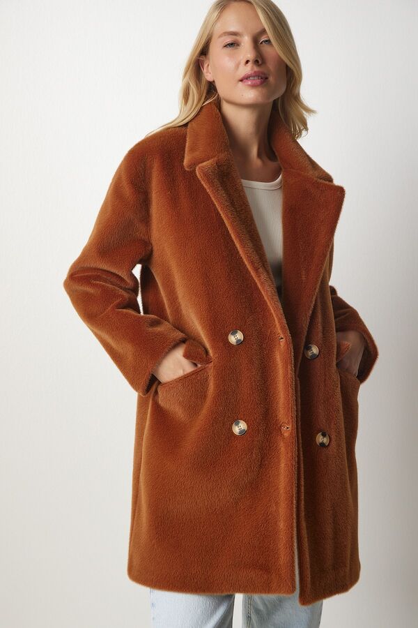 happinessistanbul Женское светло-коричневое пальто оверсайз с кроличьей шерстью MX00105