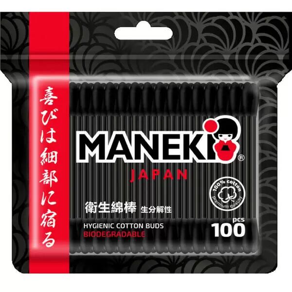 Палочки ватные гигиен. &quot;Maneki&quot; B&amp;W, с черн. бум. стиком и черн. аппл., в zip-пакете, 100 шт./упак