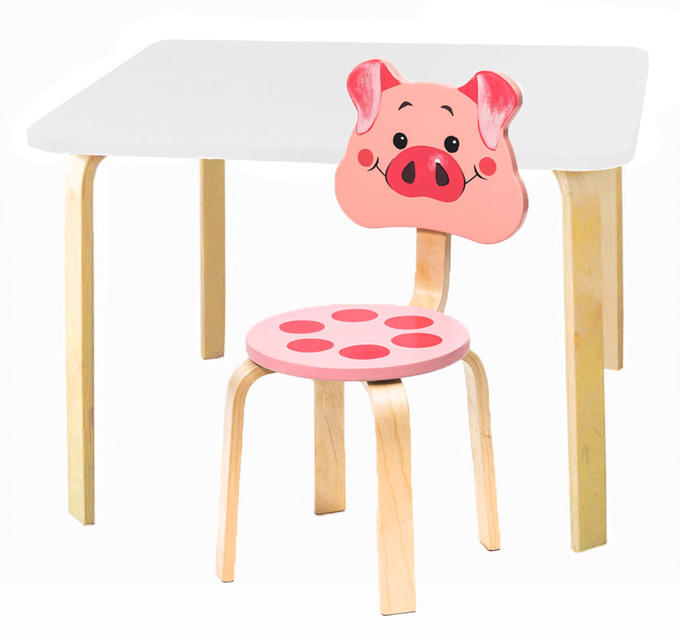 Комплект детской мебели Мордочки с белым столиком (Цвет столешницы:Белый, Цвет сиденья и спинки стула:Розовый)