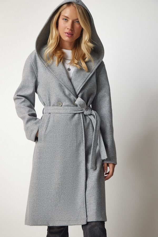happinessistanbul Женское серое пальто Kachet с капюшоном и поясом MX00111