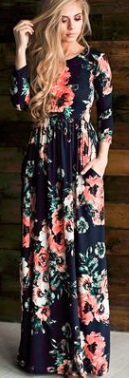 Платье-макси с цветочным принтом и длинными рукавами Цвет: ТЕМНО-СИНИЙ